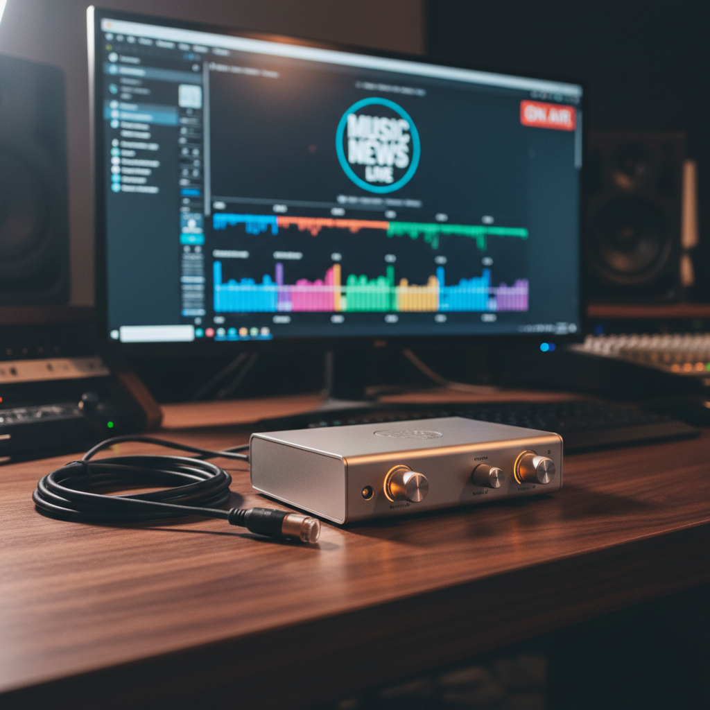 A close-up of an elegant, brushed-aluminum USB audio interface resting on a dark walnut studio desk, its gain knobs illuminated by tiny amber LEDs, with neatly coiled XLR and instrument cables beside it. Behind, a large flat-screen display shows a paused livestream interface with clear, colorful meters and a crisp “ON AIR” indicator. Soft studio lighting from the left creates gentle highlights along the metal edges and casts a mild shadow across the desk grain. Photographic realism, shot from a slightly elevated angle using the rule of thirds, with a subtle bokeh of blurred studio monitors and a mixing console in the background, conveying a calm, professional, broadcast-ready mood suitable for music news and live advice shows.
