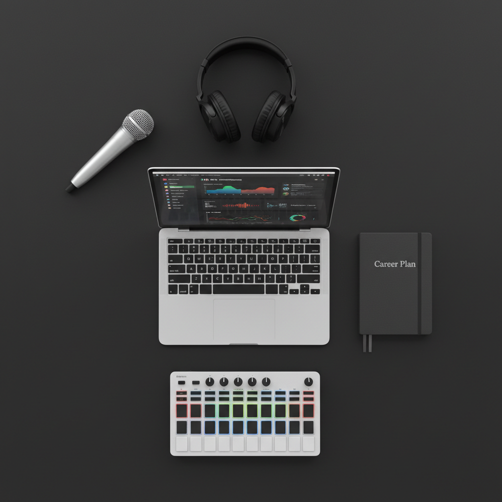 A minimalist flat-lay composition of essential tools for emerging musicians neatly arranged on a matte black background: a slim silver laptop showing a music distribution dashboard, a pair of closed-back studio headphones with soft leather ear cups, a compact MIDI keyboard controller with colorful backlit pads, and a small hardback notebook labeled “Career Plan” in debossed silver letters. A USB microphone lies diagonally at the edge, its metal mesh grille catching the light. Soft, top-down diffused lighting creates gentle, almost shadowless illumination, emphasizing shapes and clean lines. Photographic realism with sharp focus across the frame and a balanced, symmetrical layout, evoking a modern, organized, and motivating atmosphere tailored to news, resources, and guidance for young artists building a music career.