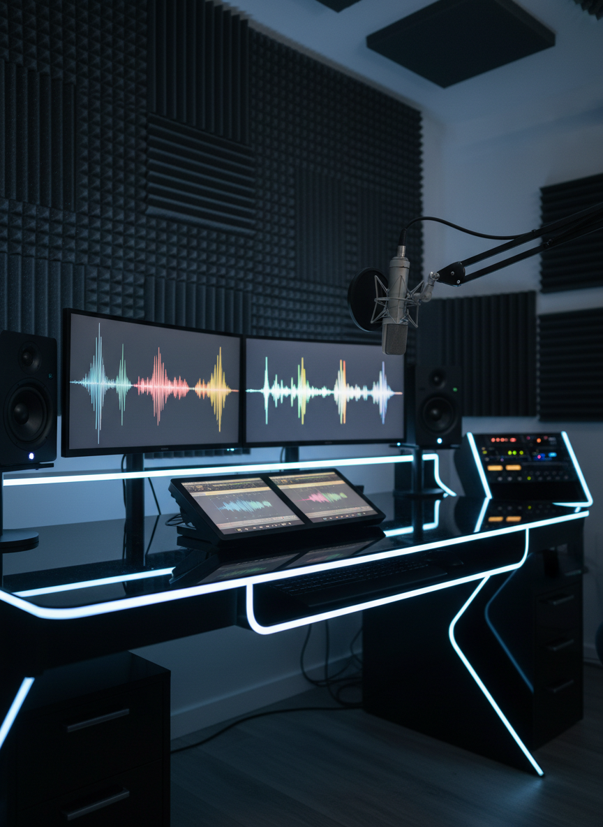 A sleek, modern home music studio filled only with equipment: a glossy black digital audio workstation desk with dual ultra-wide monitors showing colorful audio waveforms, a pair of matte black nearfield studio monitors, and a large condenser microphone on a boom arm with a metal pop filter. Acoustic foam panels and bass traps line the walls in geometric patterns. Soft, diffused cool-white LED strip lighting runs along the desk edges, casting gentle reflections on the polished surface. Photographic realism at eye level, with shallow depth of field subtly blurring a rack of audio interfaces and preamps in the background, creating a focused, professional, and aspirational atmosphere for emerging music artists seeking news and guidance.