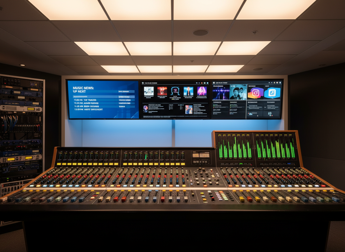 A polished broadcast control room workspace without people, centered on a large mixing console with rows of colorful faders, mute buttons, and LED level meters glowing in green and yellow. Above, three wall-mounted screens show clean, modern graphics of a music news channel schedule, track titles, and social media feeds. The console surface reflects the subtle blue ambience from LED backlights under the screens. Overhead, soft, evenly diffused lighting minimizes harsh shadows, while a darker, slightly blurred rack of processors and patch bays fills the background. Photographic realism at a wide, eye-level angle, capturing the entire desk and screens, creating a high-tech, authoritative yet welcoming mood aligned with a professional music news hub.