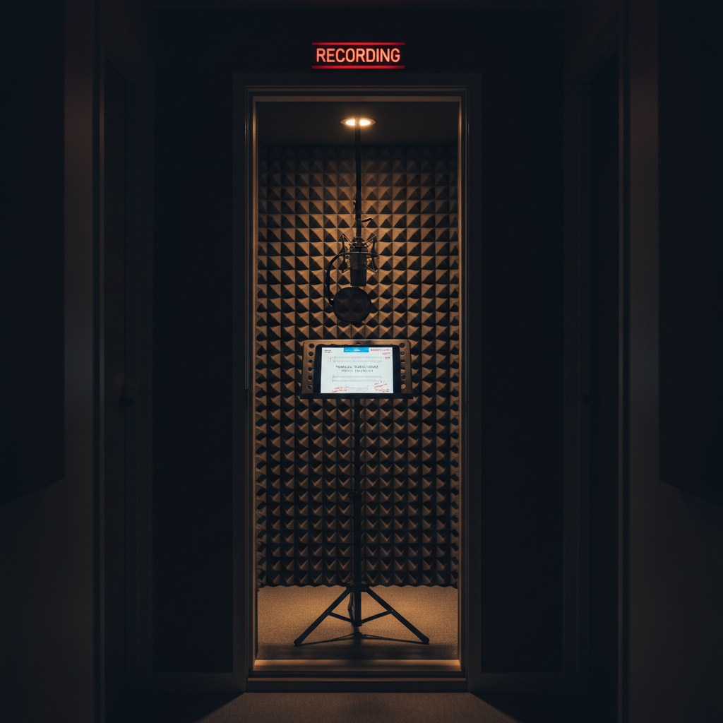 A soundproof vocal recording booth seen from just outside the open door, showcasing foam-panelled charcoal walls, a suspended large-diaphragm condenser microphone with shock mount, and a sturdy music stand holding a tablet displaying a lyric sheet and coaching notes. A subtle red “RECORDING” light is mounted above the doorway, glowing softly. Inside, a warm spotlight from above pools light onto the microphone and stand, leaving the corners in gentle shadow, while the exterior hallway remains darker and cooler in tone. Photographic realism with a slightly off-center composition and leading lines from the doorframe guiding the eye inward, creating an intimate, focused, and professional mood suited to content about vocal technique, studio sessions, and career-start tips.