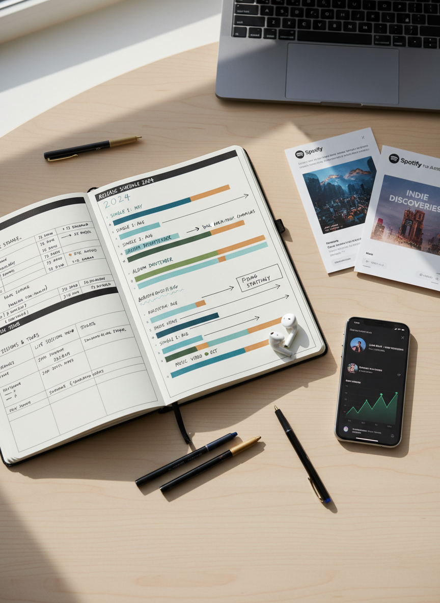 A detailed overhead shot of a songwriter’s desk dedicated to planning a music career, featuring a large, open planner filled with neatly drawn timelines for releases, promotion, and live sessions, alongside printed mockups of streaming platform pages and playlist covers. A smartphone displays music analytics graphs, while a pair of in-ear monitors rest casually on the page. The desk is made of light oak, with a subtle laptop edge visible at the top of the frame. Soft, natural window light from the left creates mild shadows from the pens and pages, enhancing depth without harsh contrast. Photographic realism with crisp focus throughout, minimalist and organized, conveying a strategic, calm, and empowering mood for young artists learning how to structure their path in music.