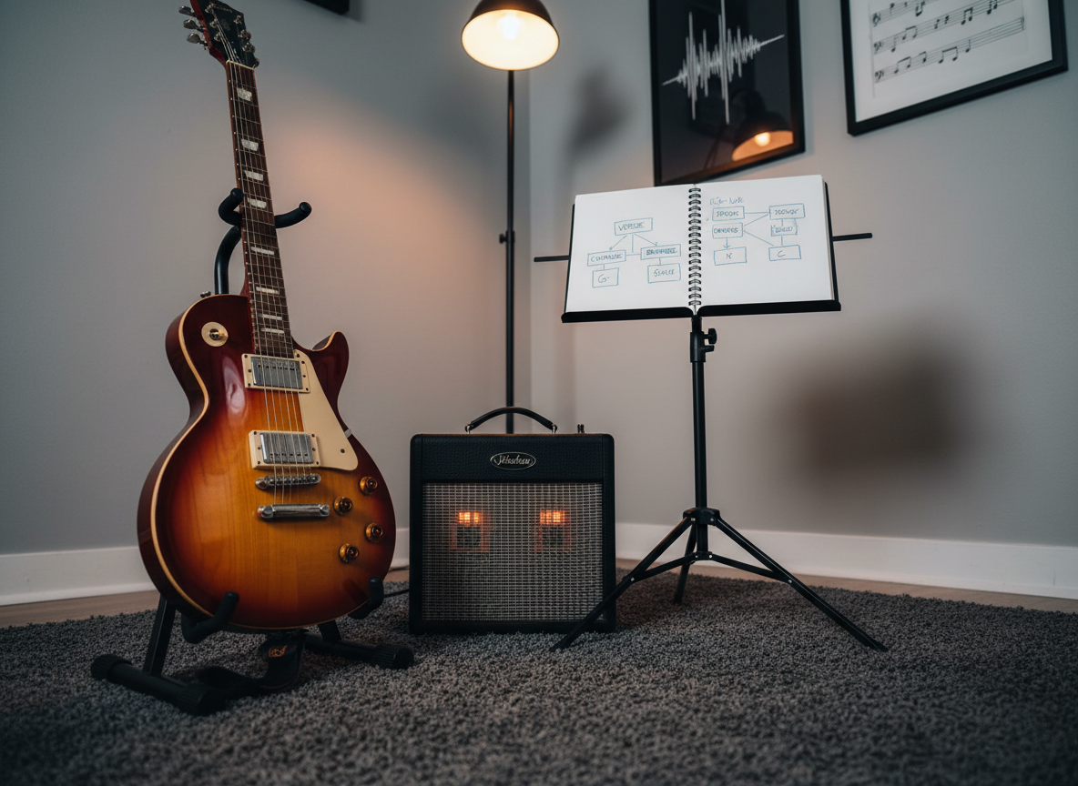 A meticulously organized rehearsal space corner featuring a sunburst electric guitar on a sturdy black stand, a compact tube amplifier with glowing orange valves, and a spiral-bound notebook open on a metal music stand, filled with handwritten song structure diagrams and chord progressions. The floor is covered with a charcoal-grey rug, and the walls display framed minimalist posters of audio waveforms and musical notation. Warm, directional overhead lighting creates gentle shadows and highlights the textures of the guitar’s lacquer and the amp’s woven grille. Shot in photographic realism from a low, three-quarter angle, with moderate depth of field to keep all elements sharp, the scene feels aspirational yet accessible, ideal for representing tips for young songwriters starting their careers.